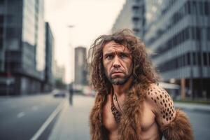 retrato de prehistórico hombre a ciudad calle en presente tiempo. generativo ai foto