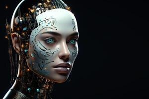 Female robot face on dark background. Artificial intelligence. photo