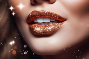 Beautiful Woman smile glitter lipps closeup withe teeth on abstract background with blurred lights illustration photo