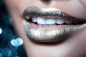 Beautiful Woman smile glitter lipps closeup withe teeth on abstract background with blurred lights illustration photo