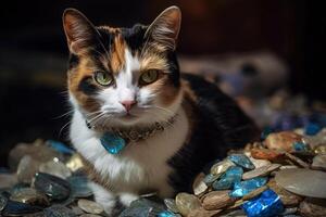 retrato de un deshilvanado - mirando calicó gato, encaramado en un pila de efectivo y rodeado por pantalones de azul cristales gato como rotura malo personaje ilustración generativo ai foto