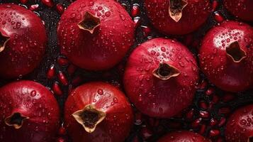 , Macro Fresh Juicy half and whole of pomegranate fruit background as pattern. Closeup photo with drops of water