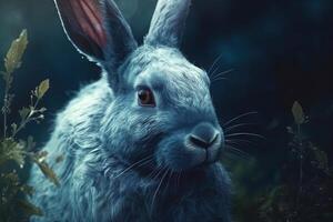 blue rabbit portrait in the forest illustration photo