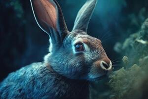 blue rabbit portrait in the forest illustration photo