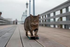 cat skateboarding on boardwalk illustration photo