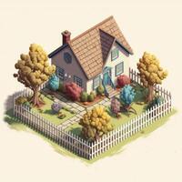 casa con un cerca y un árbol en el patio trasero. isométrica ilustración ilustración ai generativo foto