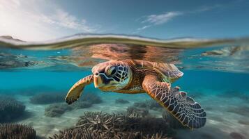 Turtle underwater. Illustration AI Generative photo