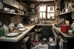 Very messy kitchen interior. Unwashed dishes. photo