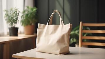 , Realistic beige tote canvas fabric bag set-up in at home interior, shopper mock up blank. photo