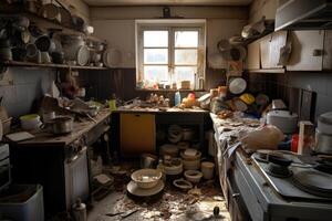 Very messy kitchen interior. Unwashed dishes. photo