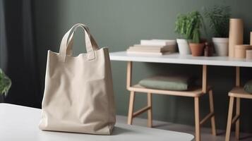 , Realistic beige tote canvas fabric bag set-up in at home interior, shopper mock up blank. photo