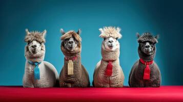 generativo ai, grupo de positivo diferente colores de alpacas o llamas, gracioso animales individualidad, independencia, pensar diferente, creativo idea, diversidad y inclusivo concepto. foto