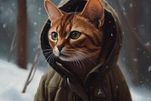 generativo ai, abisinio gato aventurero en invierno bosques petróleo pintura de linda mascota, animal vestir ropa. foto