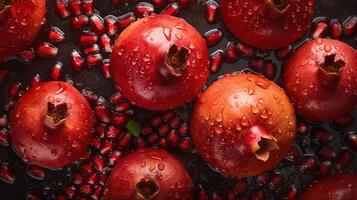 , Macro Fresh Juicy half and whole of pomegranate fruit background as pattern. Closeup photo with drops of water