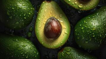 , Macro Fresh Juicy half and whole of green avocado fruit background as pattern. Closeup photo with drops of water