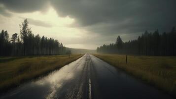 , Landscape, lonely road, mountains, country side. Photorealistic horizontal illustration, asphalt road, wilderness area photo