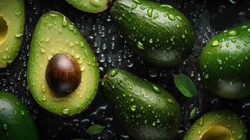 , Macro Fresh Juicy half and whole of green avocado fruit background as pattern. Closeup photo with drops of water