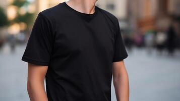 , Realistic black T-Shirt mock up blank put on young man, copyspace for presentation advertising. Blank business concept photo