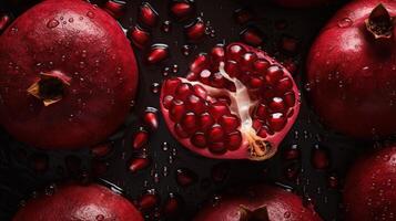 , Macro Fresh Juicy half and whole of pomegranate fruit background as pattern. Closeup photo with drops of water