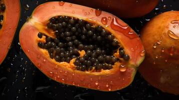 generativo ai, macro Fresco medio de papaya Fruta antecedentes. tropical exótico de cerca foto con gotas