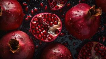 , Macro Fresh Juicy half and whole of pomegranate fruit background as pattern. Closeup photo with drops of water