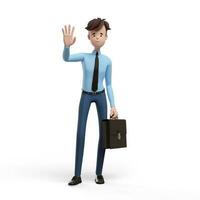 3D business man with a briefcase gesture high five or stopr. Portrait of a funny cartoon guy in a shirt and tie. 3D illustration on white background. gesture high five or stop photo