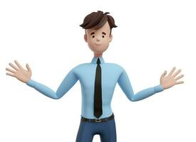 3D business man with open arms. Portrait of a funny cartoon guy in a shirt and tie. Character manager, director, agent, realtor. 3D illustration on white background. photo