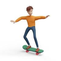 3D young positive man riding a skateboard. Portrait of a funny cartoon guy in casual clothes. Minimalistic stylized character. 3D illustration on white background. photo