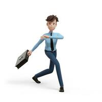 3D business man with a briefcase dancing. Portrait of a funny cartoon guy in a shirt and tie. Character manager, director, agent, realtor. 3D illustration on white background. photo