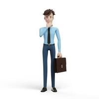 3D business man with a briefcase thinking. Portrait of a funny cartoon guy in a shirt and tie. Character manager, director, agent, realtor. 3D illustration on white background. photo