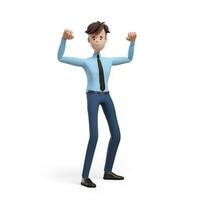 3D business man fists up like a winner, body builder. Portrait of a funny cartoon guy in a shirt and tie. Character manager, director, agent, realtor. 3D illustration on white background. photo