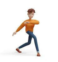 3d joven positivo hombre bailando con su índice dedos arriba. retrato de un gracioso dibujos animados chico en casual ropa, suéter y vaqueros. minimalista estilizado personaje. 3d ilustración en blanco antecedentes. foto