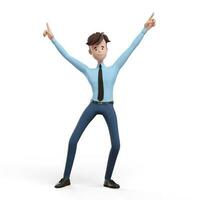 3d business man celebrating with his hands up. Portrait of a funny cartoon guy in a shirt and tie. Character manager, director, agent, realtor. 3d illustration isolated on white background photo