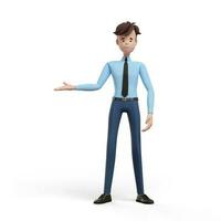 3D business man pointing with his hand in the direction. Portrait of a funny cartoon guy in a shirt and tie. Character manager, director, agent, realtor. 3D illustration on white background. photo