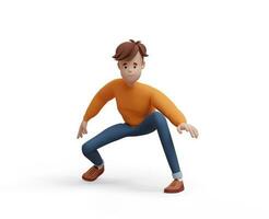 3d joven positivo hombre sentado en un dinámica superhéroe pose. retrato de un gracioso dibujos animados chico en casual ropa. minimalista estilizado personaje. 3d ilustración en blanco antecedentes. foto