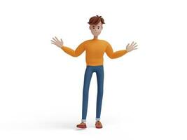 3D young positive man standing with open arms. Friendly gesture of hug, greeting. Portrait of funny cartoon guy in casual clothes, sweater and jeans. 3D illustration on white background. photo