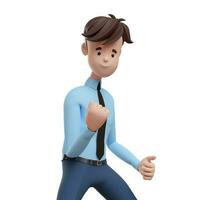 3D business man clenching fist, winning gesture. Portrait of a funny cartoon guy in a shirt and tie. Character manager, director, agent, realtor. 3D illustration on white background. photo