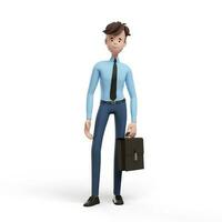 3D business man with a briefcase standing relaxed. Portrait of a funny cartoon guy in a shirt and tie. Character manager, director, agent, realtor. 3D illustration on white background. photo
