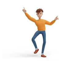 3D young positive man dancing with his index fingers up. Portrait of a funny cartoon guy in casual clothes, sweater and jeans. Minimalistic stylized character. 3D illustration on white background. photo