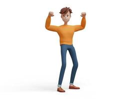 3d joven positivo hombre en pie en un victorioso actitud con su puños arriba. retrato de un gracioso dibujos animados chico en casual ropa. minimalista estilizado personaje. 3d ilustración en blanco antecedentes. foto