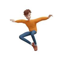 3D young positive man jumping, flying in a dynamic pose. Portrait of a funny cartoon guy in casual clothes. Minimalistic stylized character. 3D illustration on white background. photo