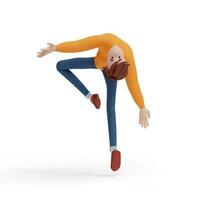 3d joven positivo hombre bailando con su índice dedos arriba. retrato de un gracioso dibujos animados chico en casual ropa, suéter y vaqueros. minimalista estilizado personaje. 3d ilustración en blanco antecedentes. foto