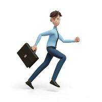 3D business man with a briefcase running. Portrait of a funny cartoon guy in a shirt and tie. Character manager, director, agent, realtor. 3D illustration on white background. photo