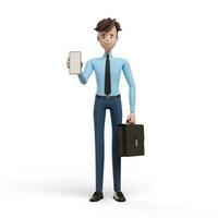 3D business man with a briefcase showing phone. Portrait of a funny cartoon guy in a shirt and tie. Character manager, director, agent, realtor. 3D illustration on white background. photo