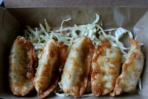 A row of fried gyoza on shredded cabbage in brown paper box. photo