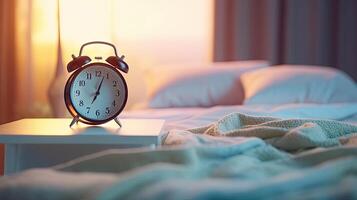 Alarm clock on a bed in the morning. Selective focus. . photo