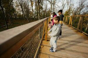 Family with four kids looking at wild animals from wooden bridge. photo