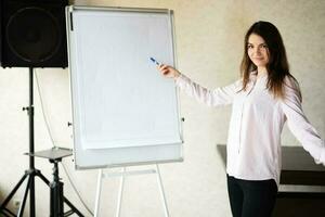 Young caucasian speaker woman coach show on white board, preparing or giving educational lecture. Female team leader explaining project ideas. photo