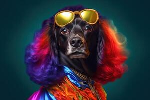 cocker spaniel perro como disco danza diva miedoso música 70s setenta ilustración generativo ai foto