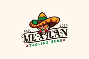 mexican restaurant logo with a combination of a skull, sombrero hat, and herbs in vintage style. vector